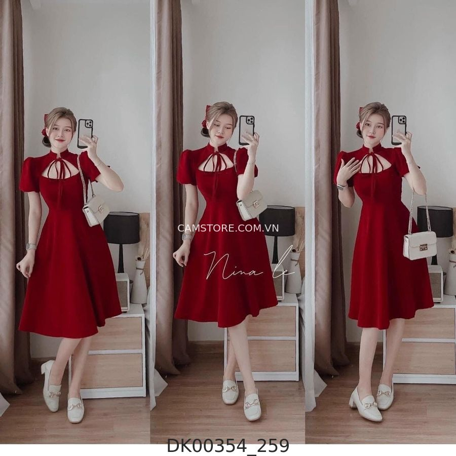 Đầm midi nhung đỏ cutout ngực thắt nơ KT