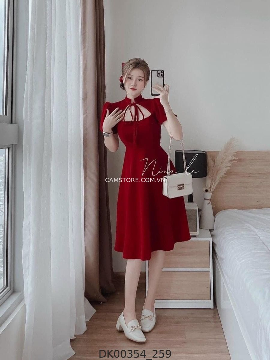 Hassy | Đầm midi nhung đỏ cutout ngực thắt nơ KT | Hassy.vn - Thời trang nữ hot trend