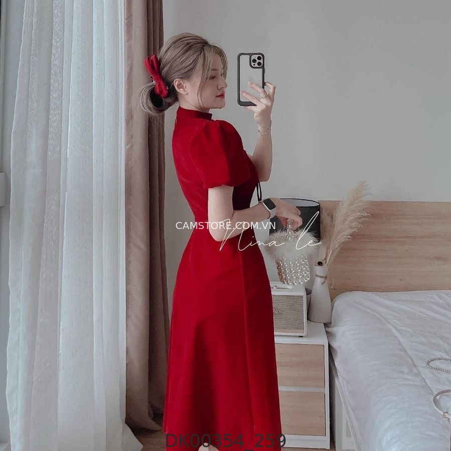 Hassy | Đầm midi nhung đỏ cutout ngực thắt nơ KT | Hassy.vn - Thời trang nữ hot trend