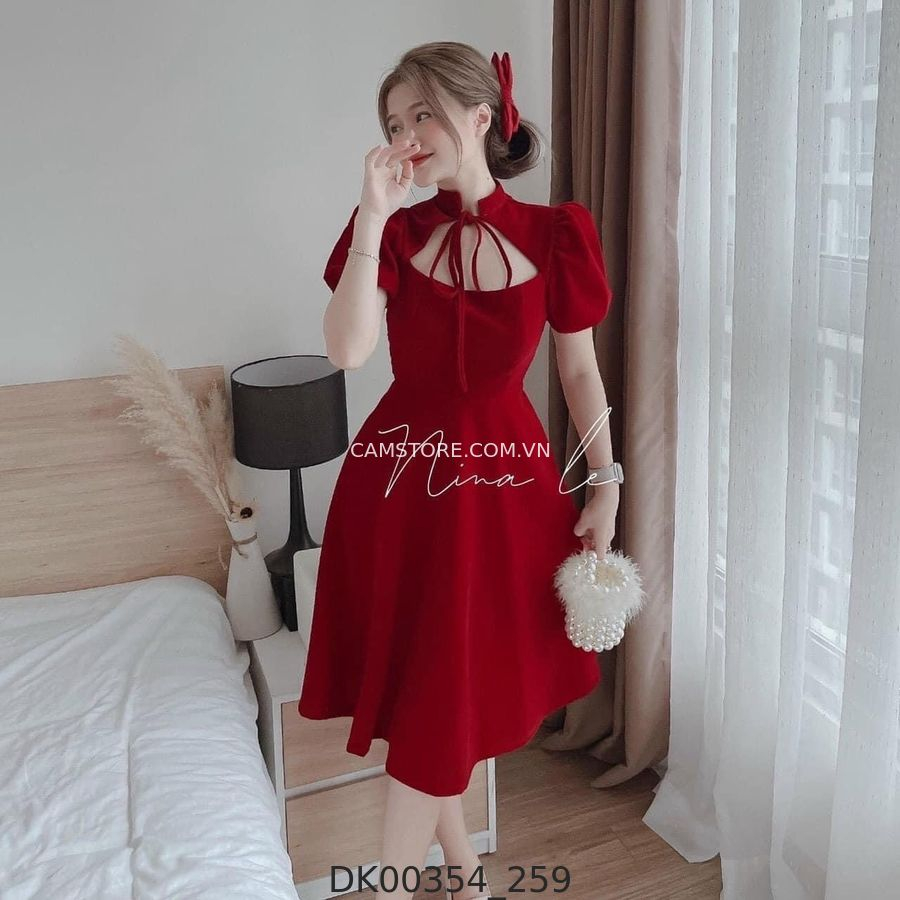 Hassy | Đầm midi nhung đỏ cutout ngực thắt nơ KT | Hassy.vn - Thời trang nữ hot trend