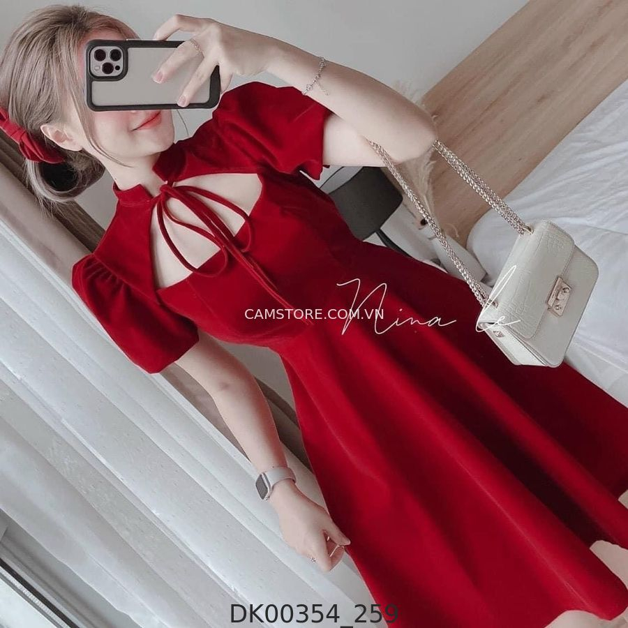 Hassy | Đầm midi nhung đỏ cutout ngực thắt nơ KT | Hassy.vn - Thời trang nữ hot trend