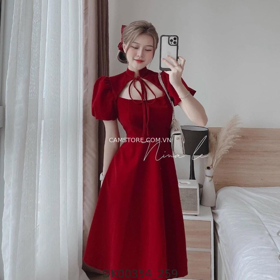 Hassy | Đầm midi nhung đỏ cutout ngực thắt nơ KT | Hassy.vn - Thời trang nữ hot trend