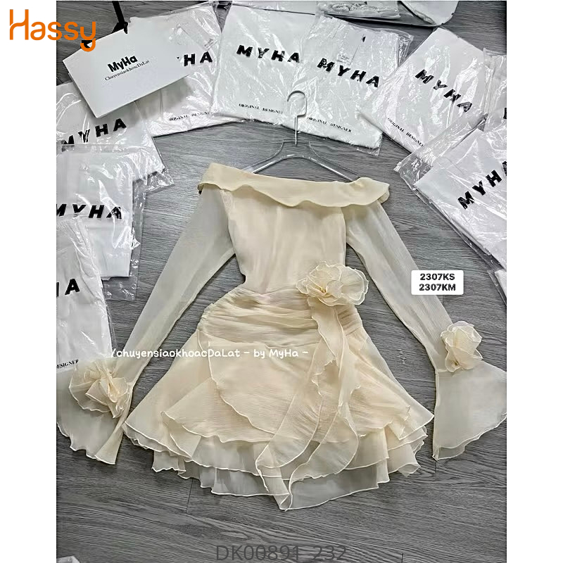 Hassy | (4)Đầm voan nude lệch vai td tag hoa eo(N)414 | Hassy.vn - Thời trang nữ hot trend