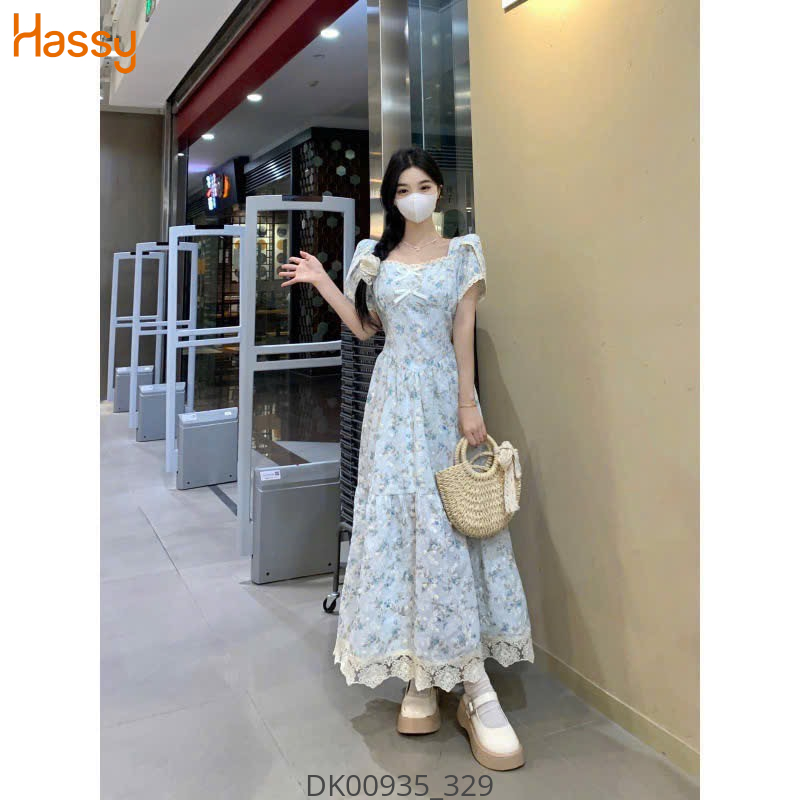 Hassy | Đầm maxi hoa xanh thêu nơ tùng phối ren kem 7254 (LL) KT-3 | Hassy.vn - Thời trang nữ hot trend