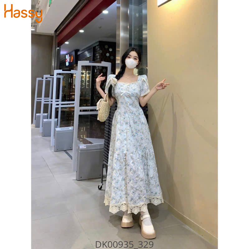 Hassy | Đầm maxi hoa xanh thêu nơ tùng phối ren kem 7254 (LL) KT-3 | Hassy.vn - Thời trang nữ hot trend