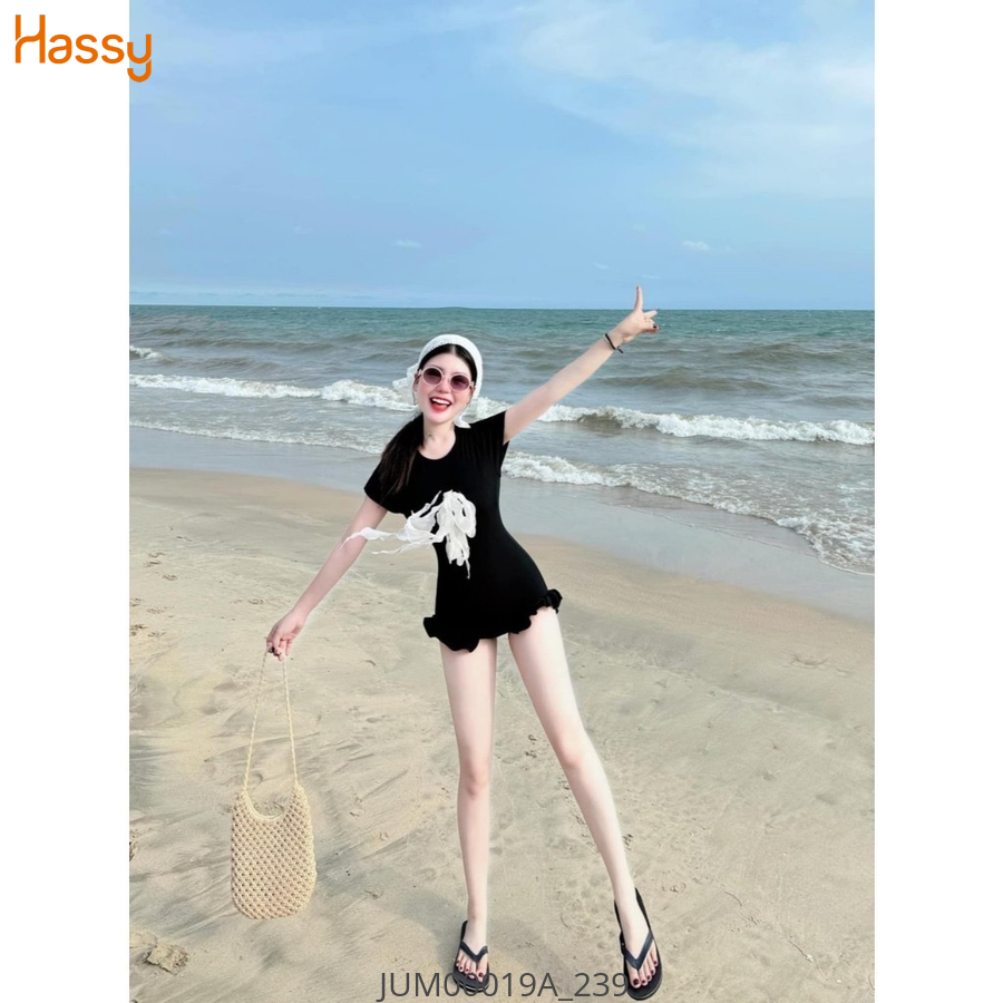 Hassy | Jum đen cổ tròn đính voan nơ trắng ngực kèm tua băng KT | Hassy.vn - Thời trang nữ hot trend