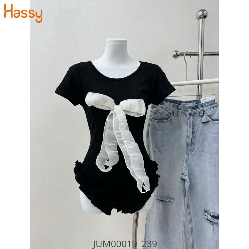 Hassy | Jum đen cổ tròn đính voan nơ trắng ngực kèm tua băng KT | Hassy.vn - Thời trang nữ hot trend