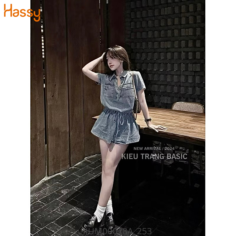 Hassy | (17) Jump jean nhạt rộng rút nơ eo túi đắp 7084 (LL) | Hassy.vn - Thời trang nữ hot trend