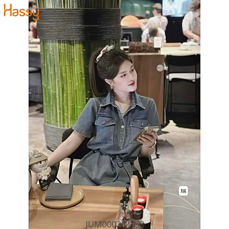 Hassy | (17) Jump jean nhạt rộng rút nơ eo túi đắp 7084 (LL) | Hassy.vn - Thời trang nữ hot trend